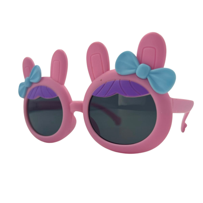 Kids bunny-ear bow sunglasses, pink frames with light blue bow, dark lenses