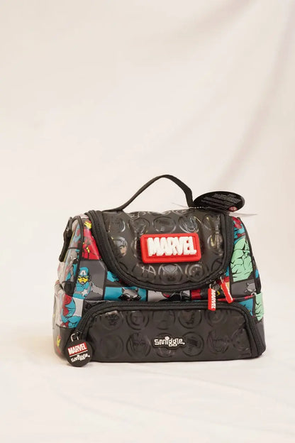 Black Marvel lunch bag with MARVEL logo patch, side pockets, and adjustable strap.