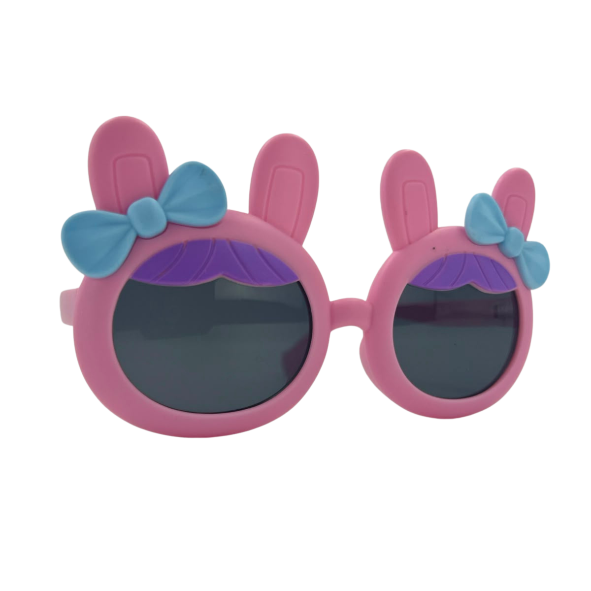 Kids bunny-ear bow sunglasses, pink frames with light blue bow, dark lenses