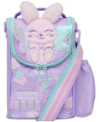 Purple kids lunch bag with plush bunny face and mint/pink zipper trim