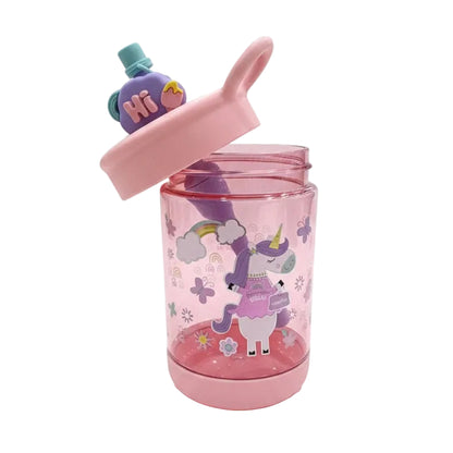 Pink unicorn sipper cup with clear body, straw, and unicorn graphic front