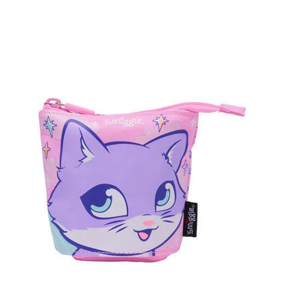 Pink cat pencil case with zipper top, hanging loop, and colorful character print