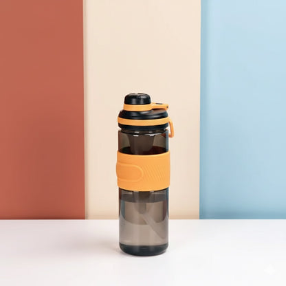 Orange and dark insulated water bottle with black lid and carry strap