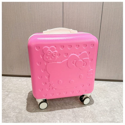 Pink 20-inch hard-shell suitcase with embossed Hello Kitty and white top handle, rolling wheels