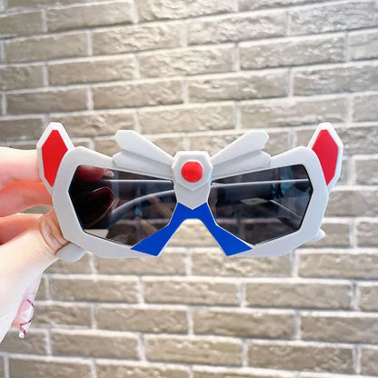Kids shield sunglasses, white frame with red accents and dark lenses