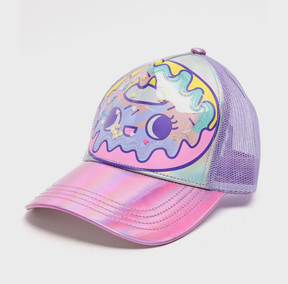 Mesh back cap with pastel donut graphic; lavender crown and pink iridescent brim