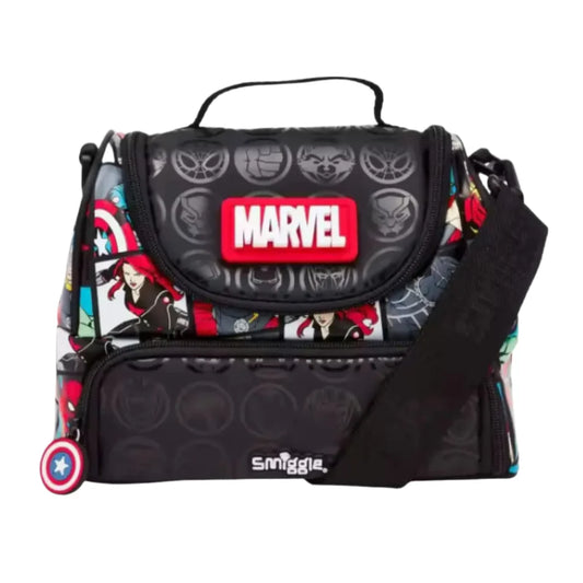 Black Marvel lunch bag with front MARVEL patch, zip top, and carry handle.