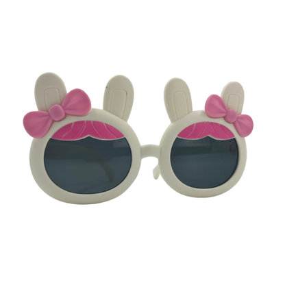 Kids bunny-ear bow sunglasses, pale white frames with pink bow, dark lenses