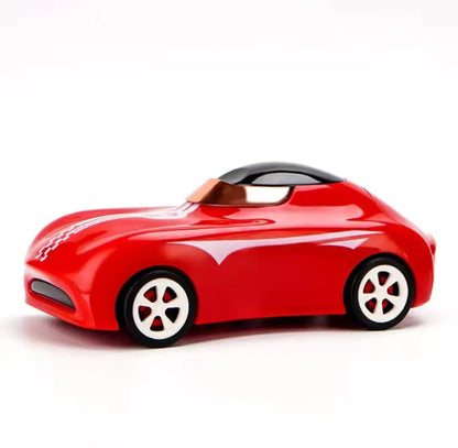 Red car-shaped sipper bottle, side view with black lid