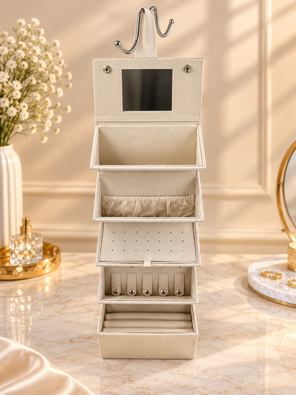 Beige hanging multi-tier jewelry organizer case with clear window and four stacked compartments