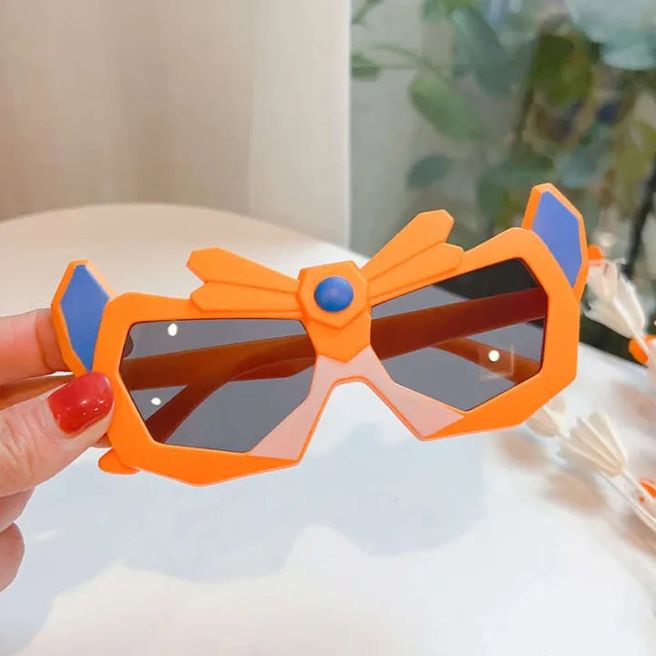 Kids shield sunglasses, orange frame with blue accents and dark lenses
