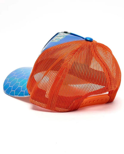 Vest cap with orange mesh back and blue soccer graphic front, blue top button