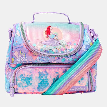 Mermaid character lunch bag with front zip, pastel ocean print, rainbow striped strap