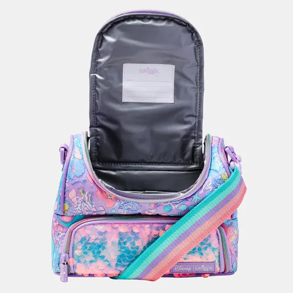 Mermaid-themed lunch bag with pastel shell print and black interior pocket