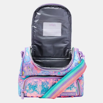 Mermaid-themed lunch bag with pastel shell print and black interior pocket