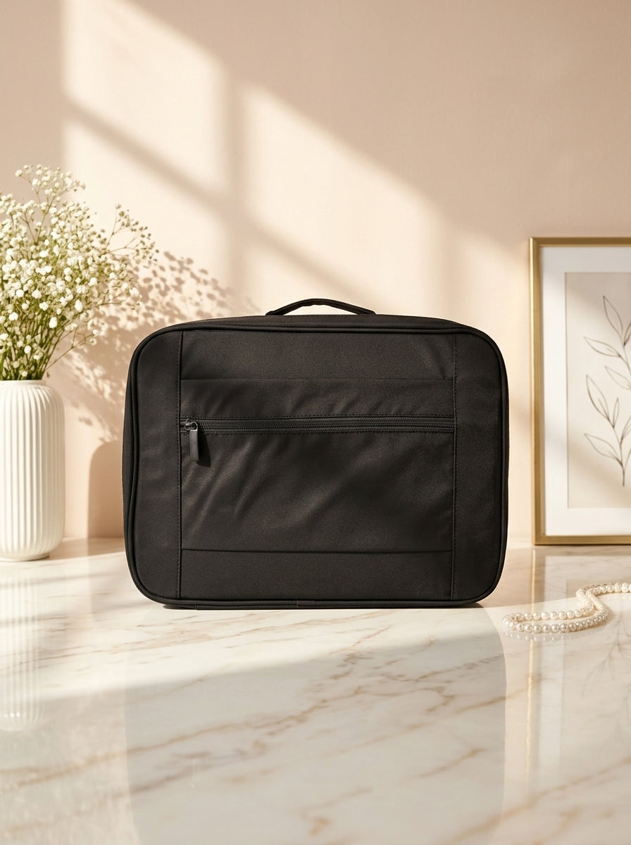 Black waterproof travel beauty organizer case with zip compartments and carry handle