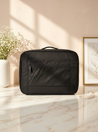 Black waterproof travel beauty organizer case with zip compartments and carry handle