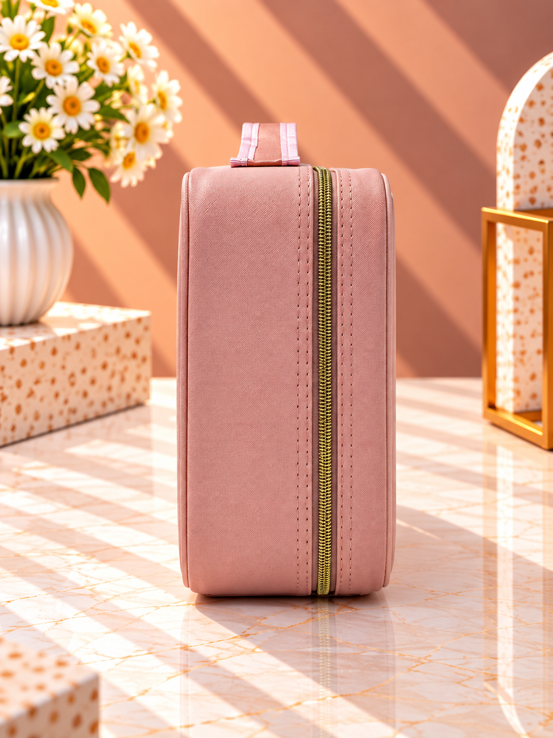 Rose-pink makeup organizer case standing with side panel and green zipper trim