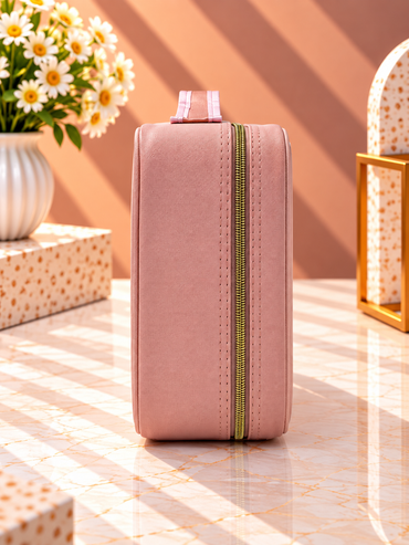 Rose-pink makeup organizer case standing with side panel and green zipper trim
