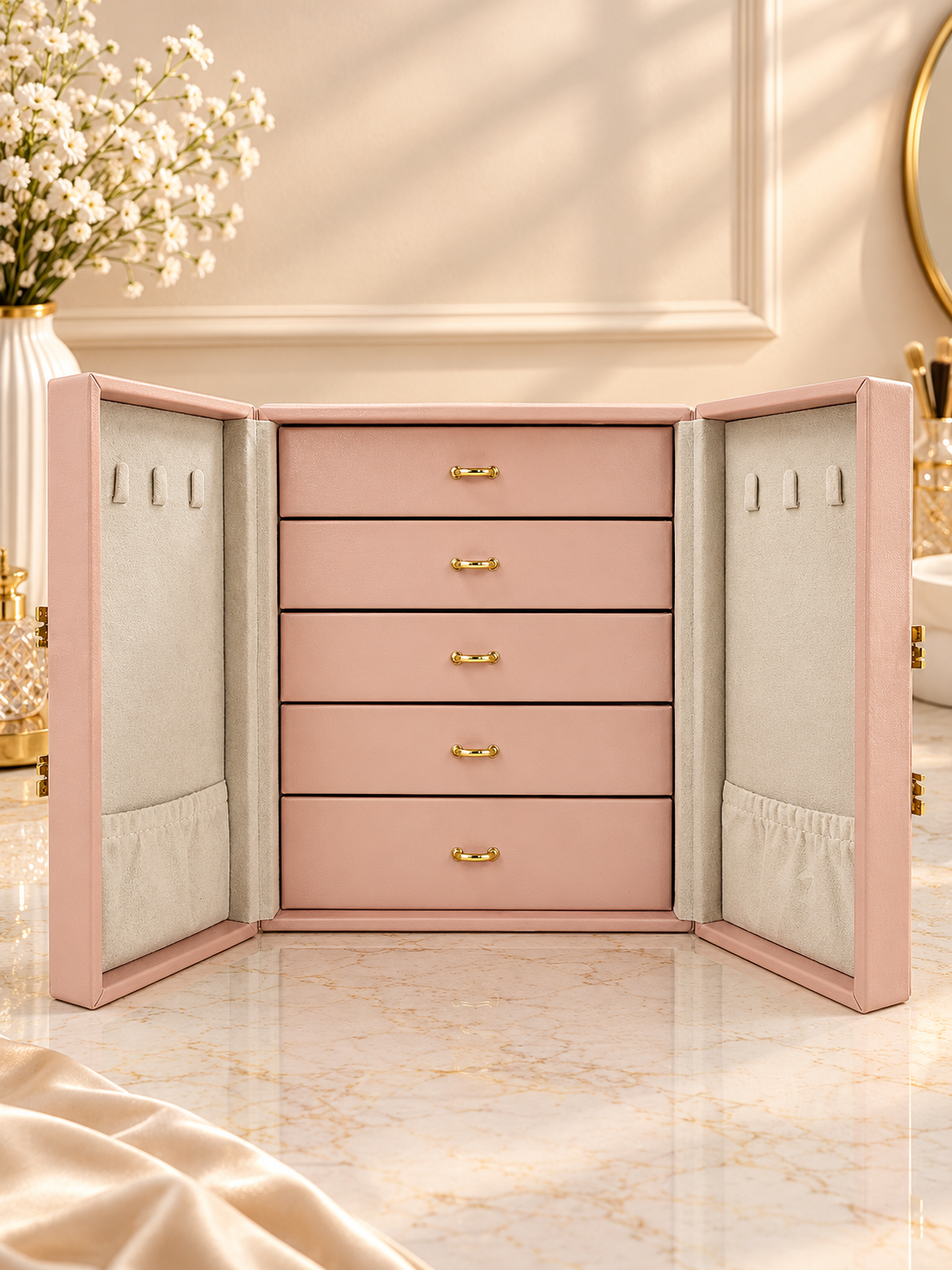Pink multi-tier jewelry storage box with swing doors and three drawer tiers