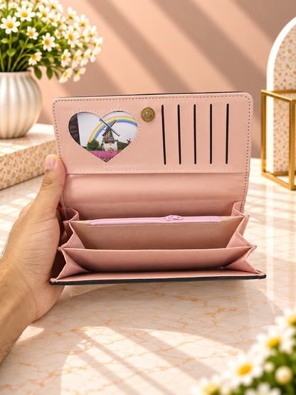Open long wallet with card slots and checkered pocket detail