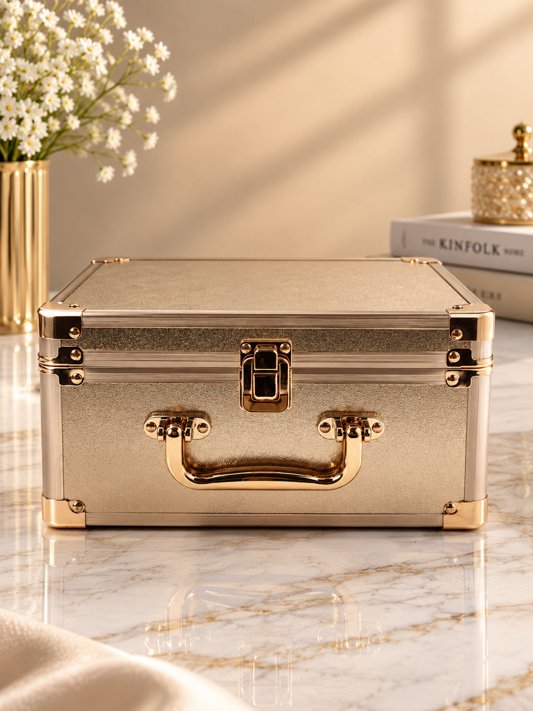 Rose gold makeup train case with secure clasp and hinged handle, closed
