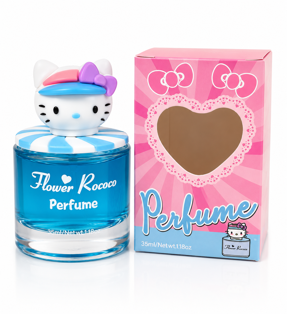 Kids perfume bottle with Hello Kitty-style cat topper, blue glass and pink box