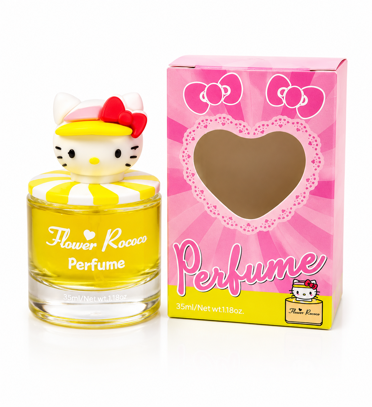 Kids perfume bottle with yellow cap and Kitty-style heart box, 35 ml