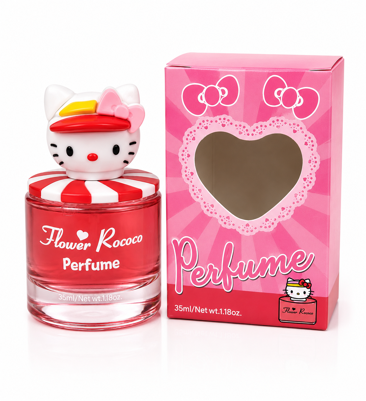 Kids perfume in 35ml red glass bottle with pink cap, shown with matching pink gift box.