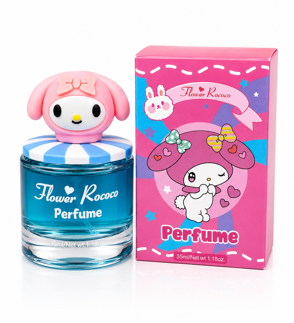 Kids bunny-themed perfume: blue 35ml bottle with pink Flower Rococo box