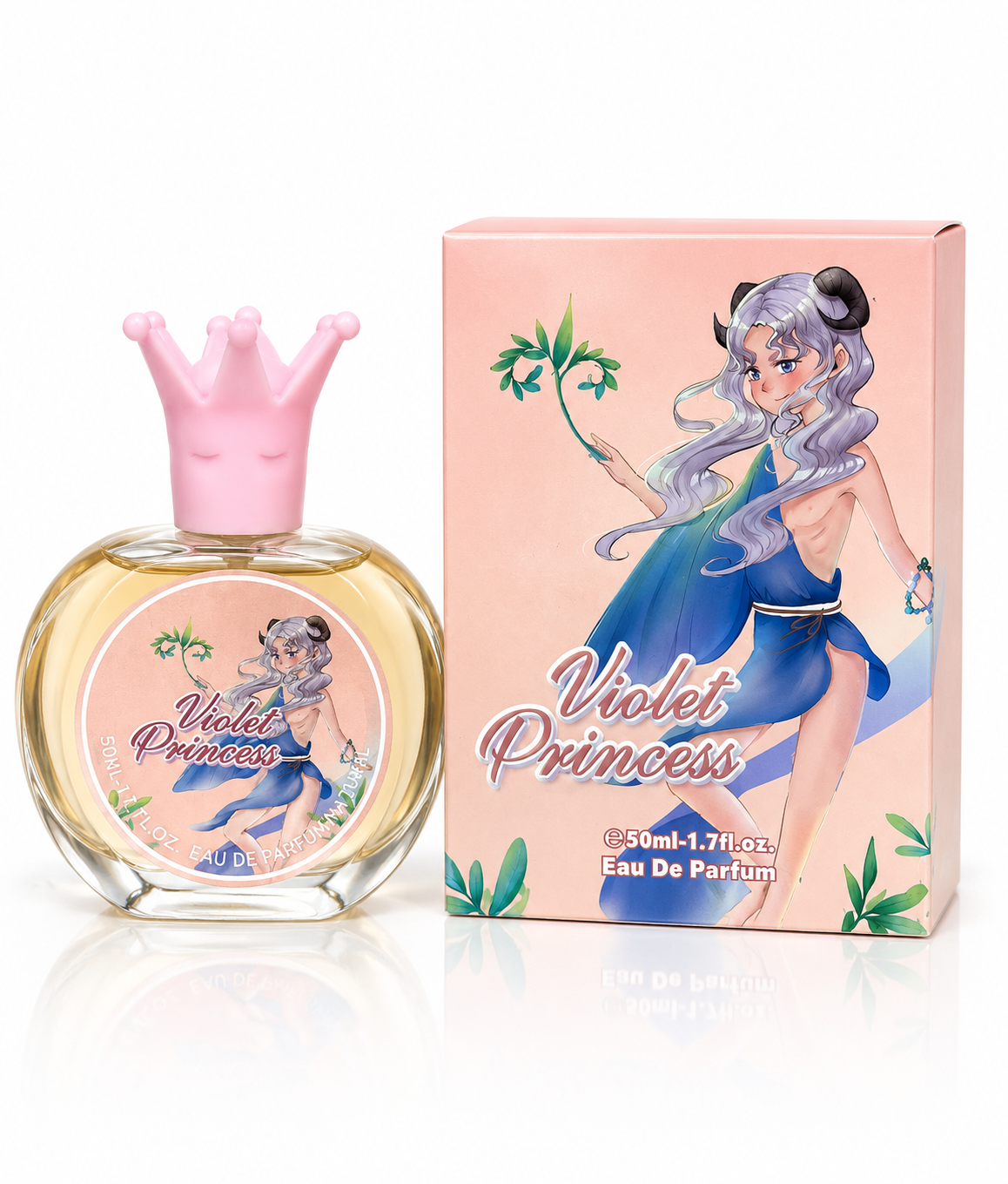 Violet-themed eau de parfum spray bottle with pink crown cap and matching box