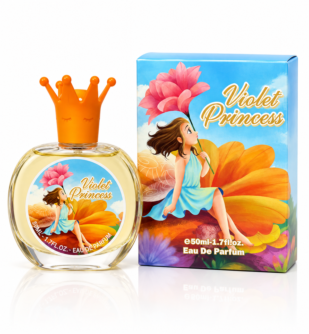 Perfume eau de parfum spray bottle with floral fairy design, 50 ml box.