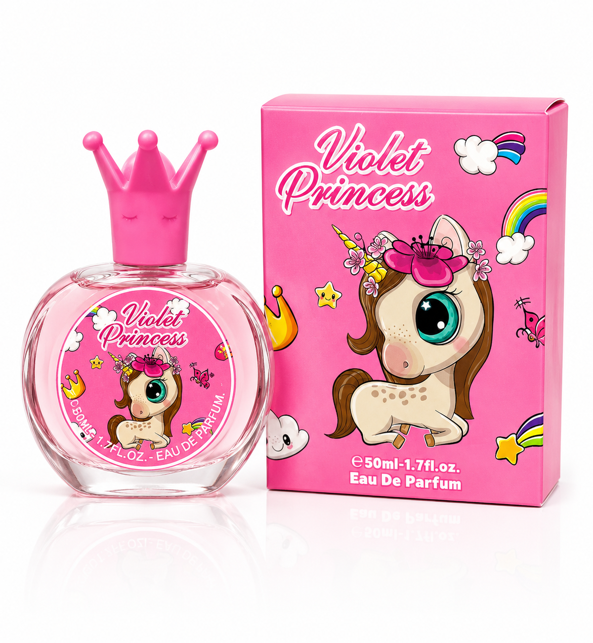 Pink unicorn eau de parfum spray bottle with crown cap and matching gift box