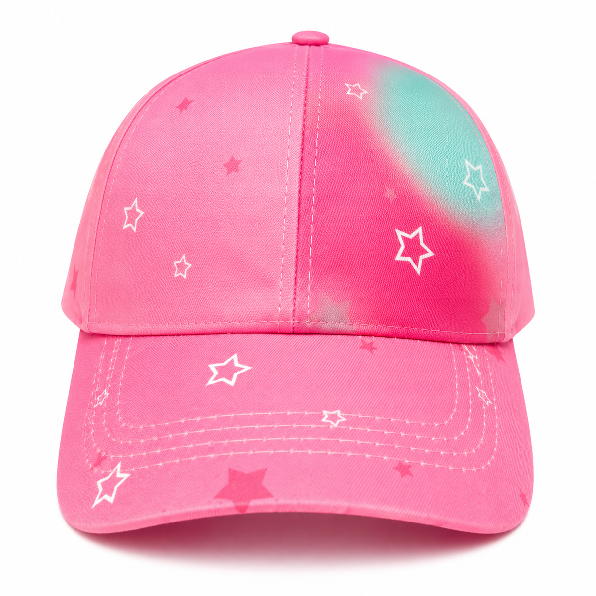 Kids pink baseball cap with mint-wash side panels and white star print, stitched brim