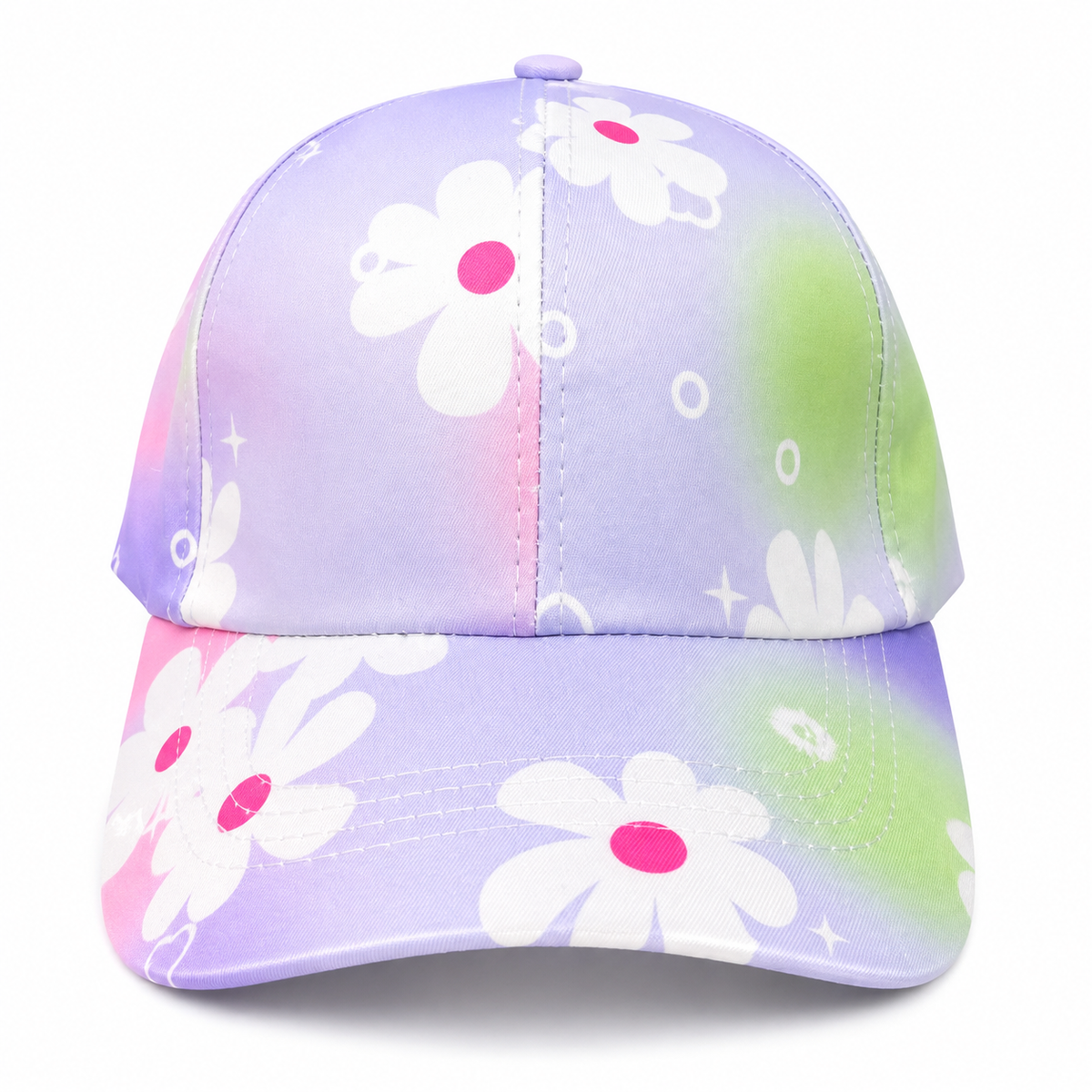 Kids baseball cap with pastel daisy print and purple-to-green watercolor gradient