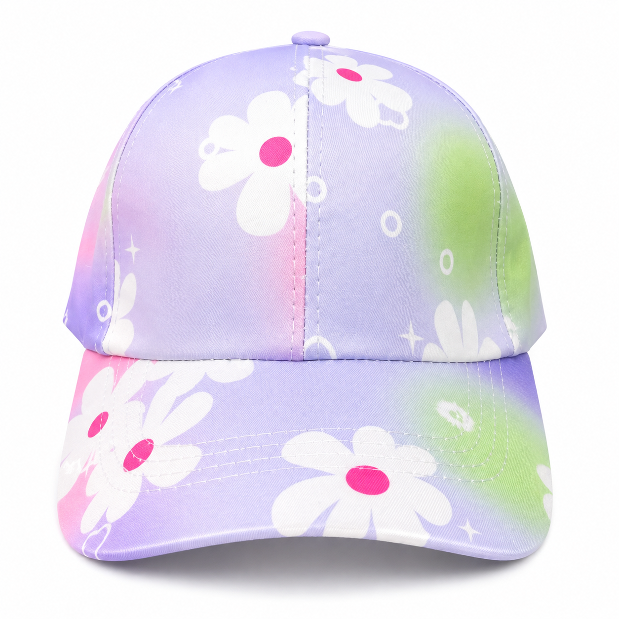 Kids baseball cap with pastel daisy print and purple-to-green watercolor gradient