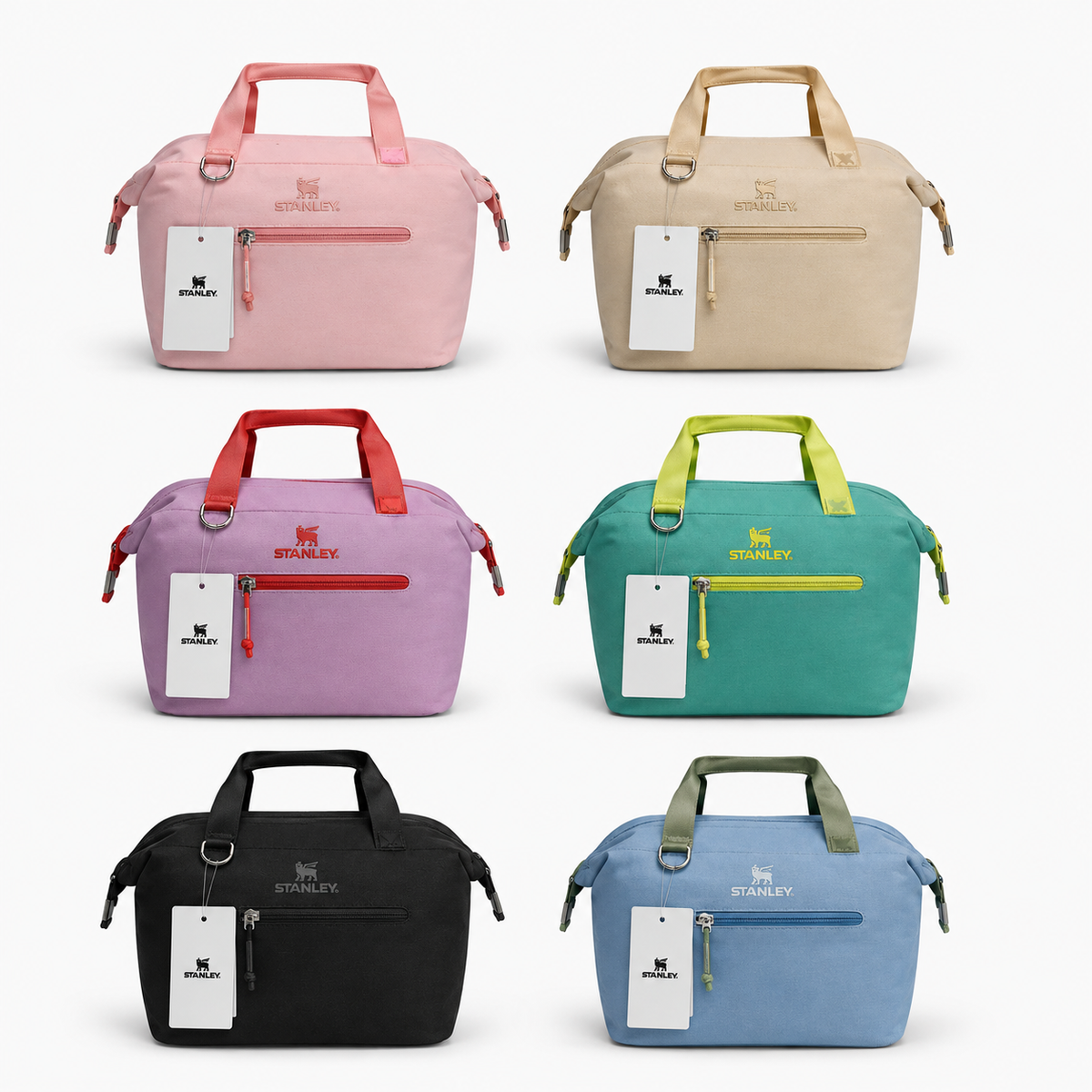Insulated carry-all cooler bag, pink with front zipper pocket and side carry handles