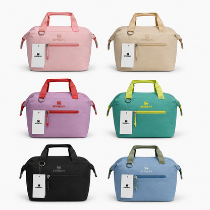 Insulated carry-all cooler bag, pink with front zipper pocket and side carry handles