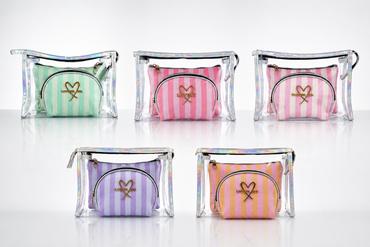 3-piece transparent cosmetic pouch set with striped panels: mint, pink, lavender; zip closure