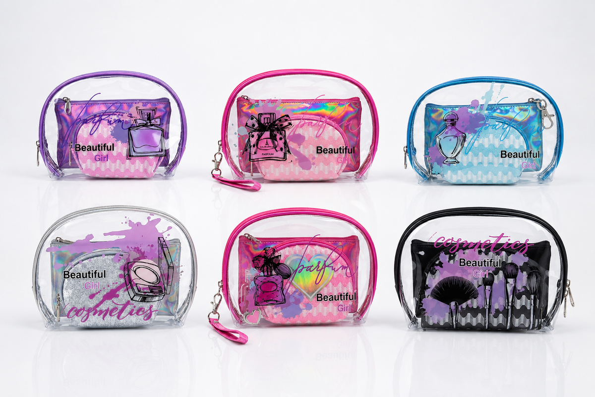 3-piece transparent cosmetic pouch set with iridescent print, lavender, pink and blue