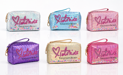 Assorted iridescent woven makeup pouches with heart logo, top zipper and wrist strap