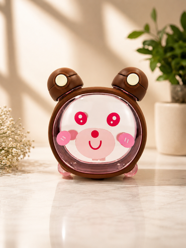Brown cartoon bear-ear water bottle with straw and cute face front