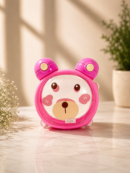 Pink round bear-ear water bottle with straw, smiling cartoon face front