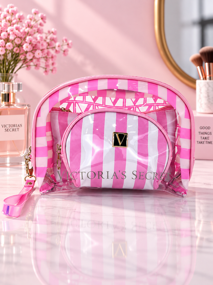 Light pink and white striped cosmetic organizer with clear zip pouches and V logo patch