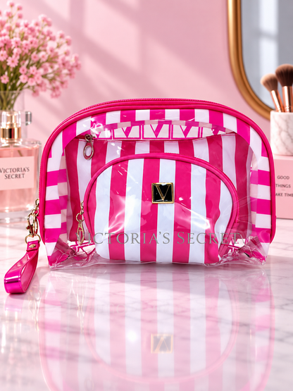 Hot pink and white striped cosmetic organizer with clear zip pouches and V logo patch