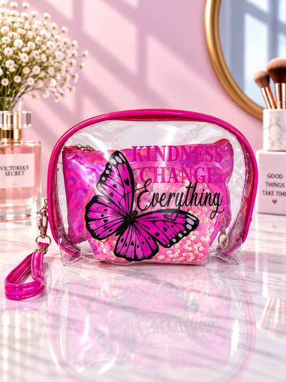 Blue 3-in-1 cosmetic organizer, butterfly print, 'BE KIND' text