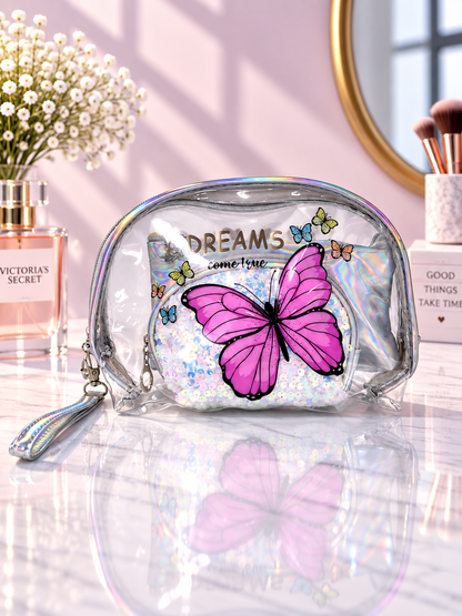 Pink 3-in-1 cosmetic organizer, butterfly print, 'KINDNESS CHANGE EVERYTHING' text