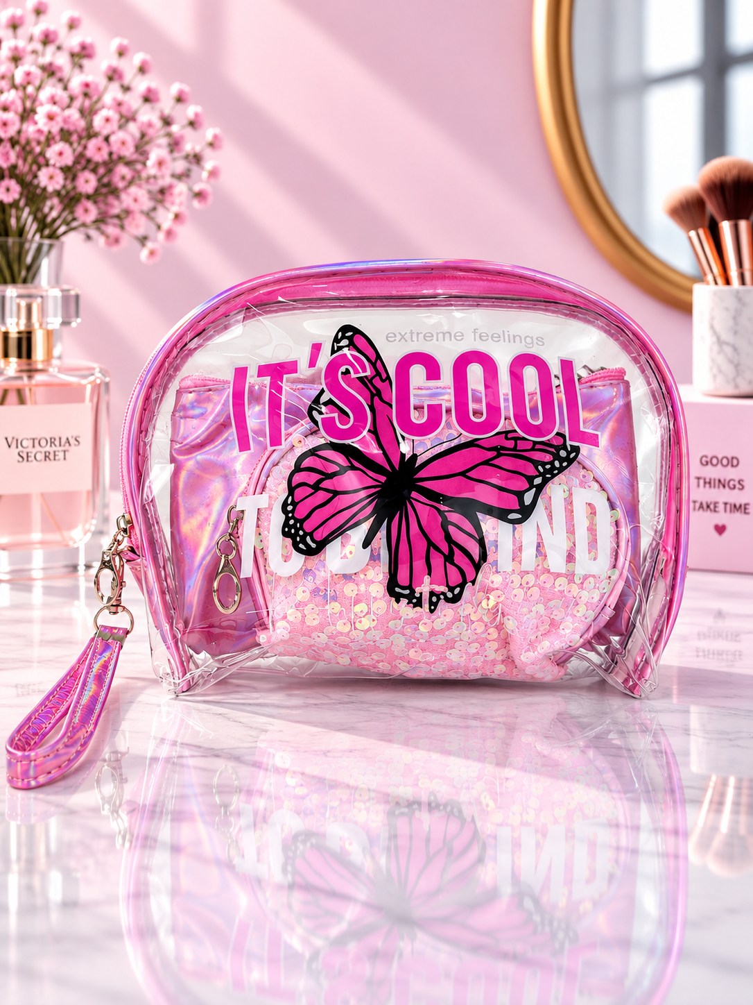 Transparent 3-in-1 cosmetic organizer, butterfly print, 'DREAMS' text
