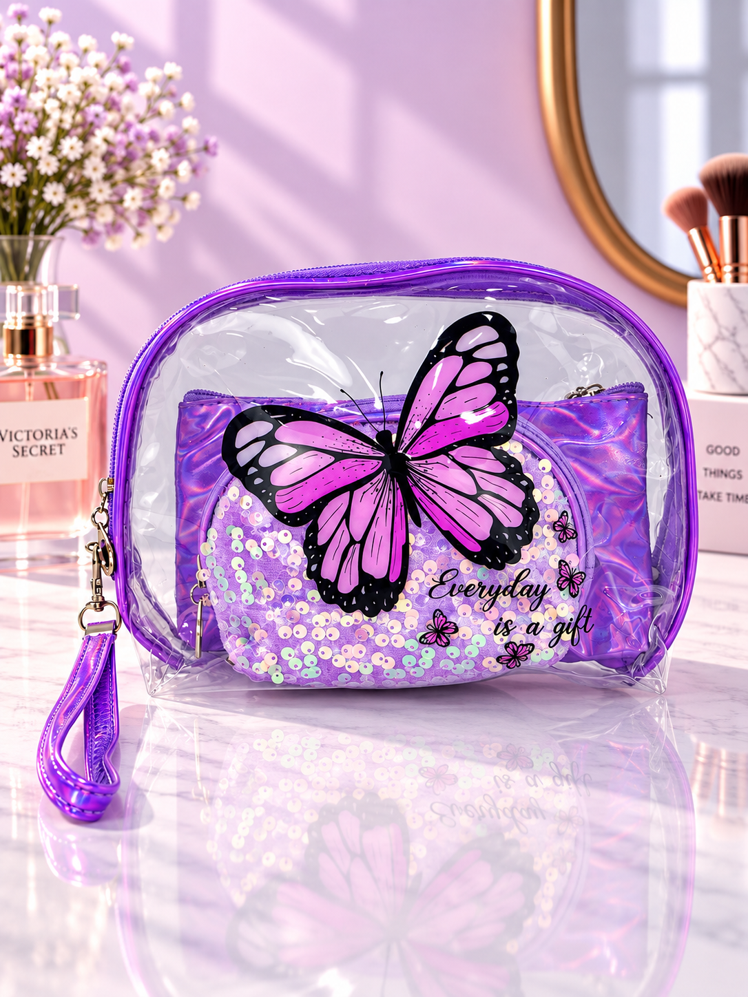 Pink 3-in-1 cosmetic organizer, butterfly print, 'IT'S COOL' quote