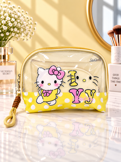Yellow polka dot Hello Kitty 3-in-1 cosmetic organizer with clear zip pouch and wrist strap